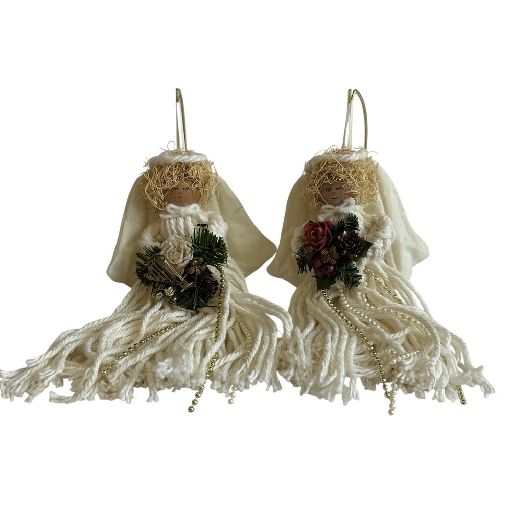 Vintage Style Mop String Angel Christmas Ornaments Ivory Set of 2 Farmhouse 10in